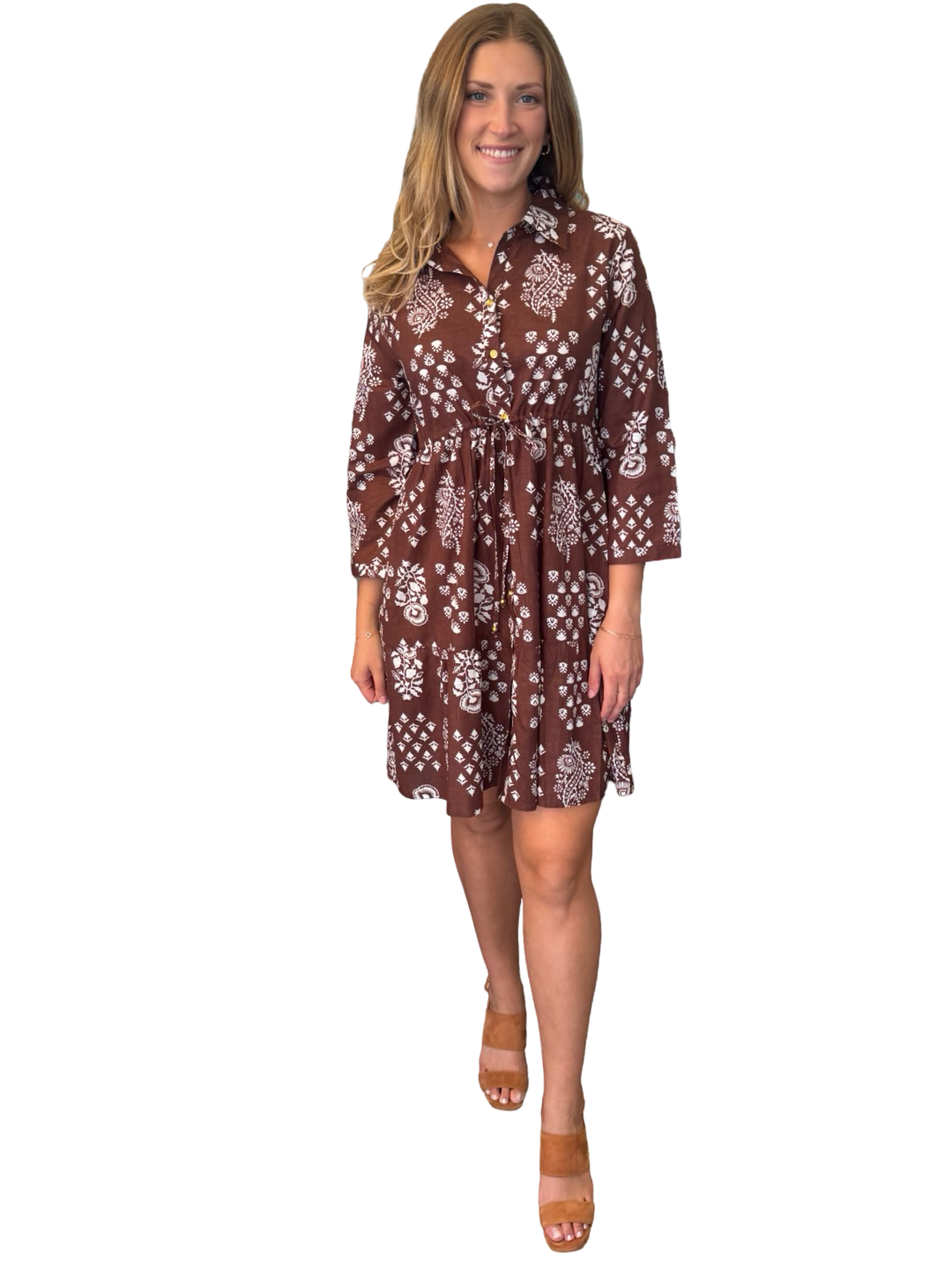 The Hamilton Cinch Waist Dress in Brown and White