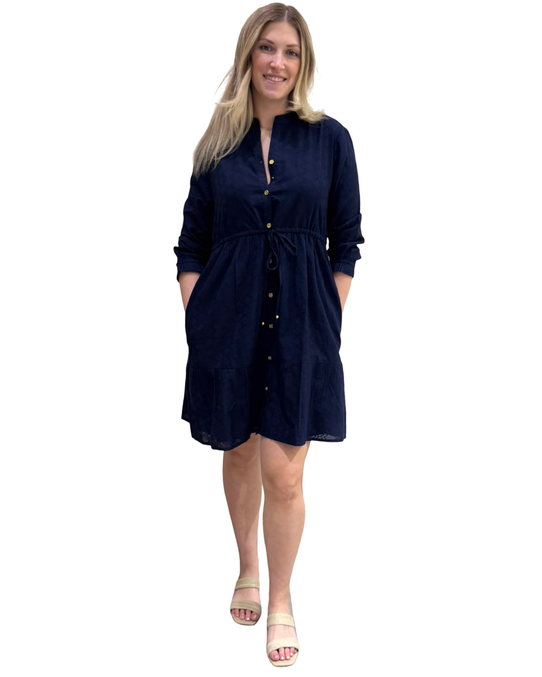 The Hamilton Solid Navy Diamond Jacquard Cotton Tie Front Dress — view 3