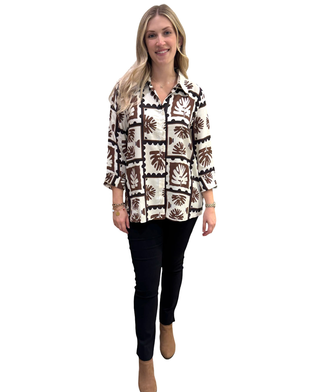 The Mason Button Back Top in Brown and Black Abstract Print