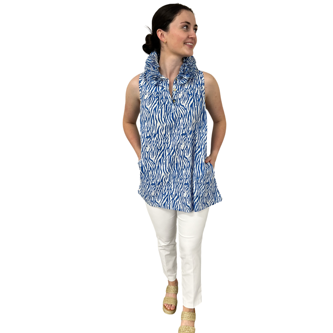 The Newport Sleeveless Ruffle Collar Tunic in Blue White Zebra Stripe — view 2