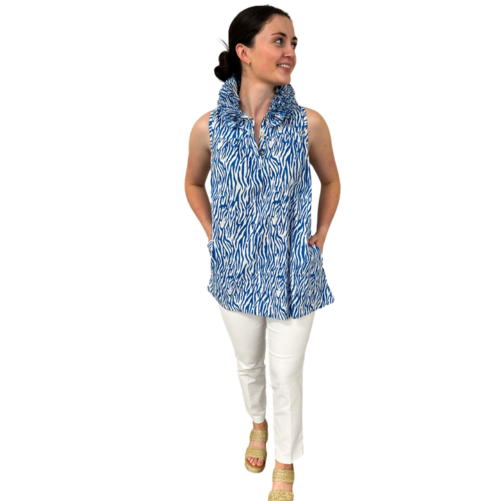 The Newport Sleeveless Ruffle Collar Tunic in Blue White Zebra Stripe — view 2