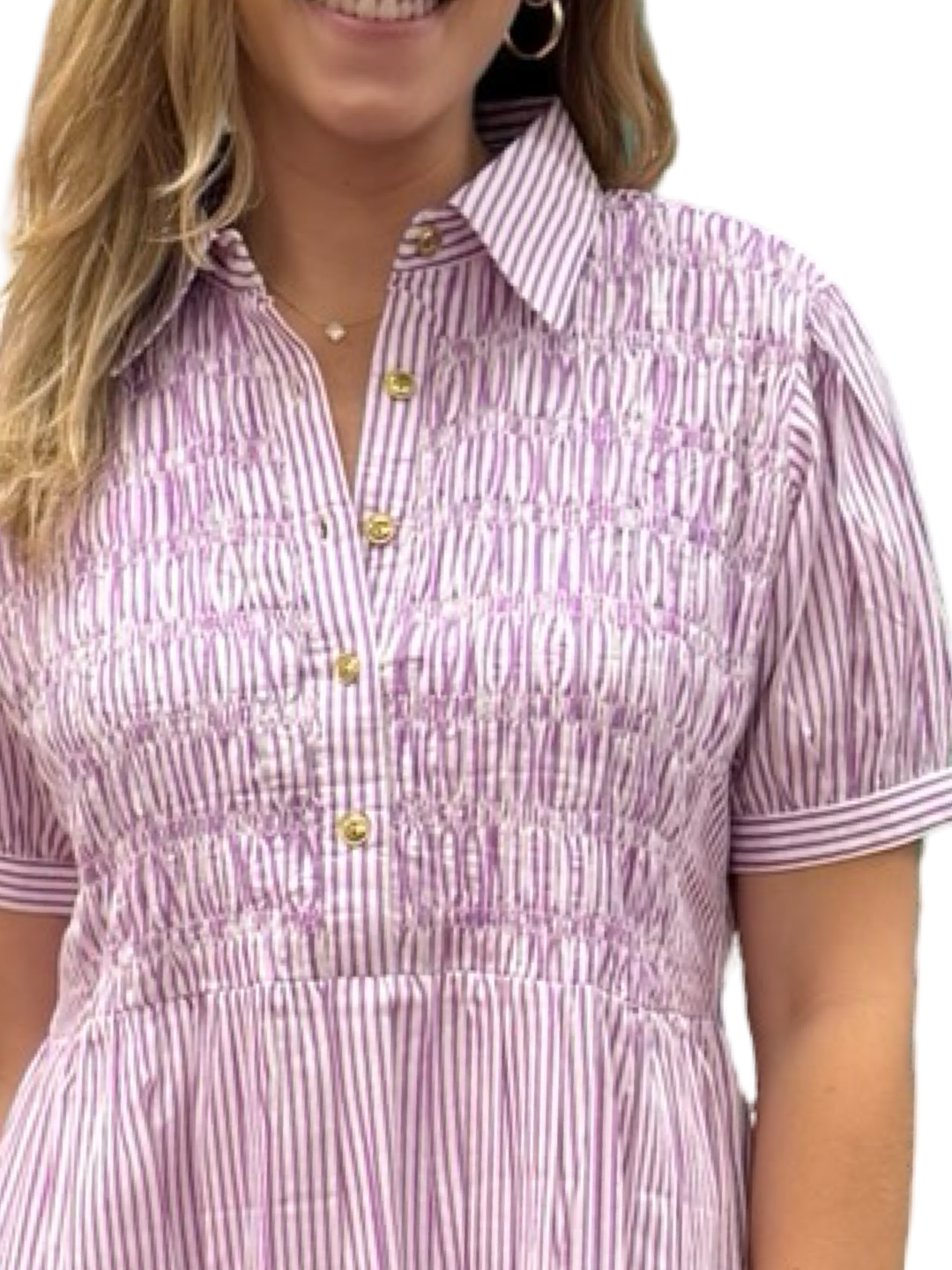 The Tasha Smocked Front Dress in Lavender and White Stripe — view 4