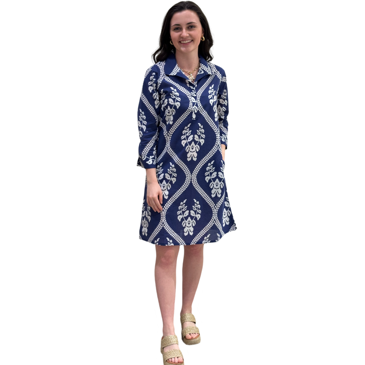 The Lisette Cotton Easy Fit Dress in Violet Blue and White — view 5