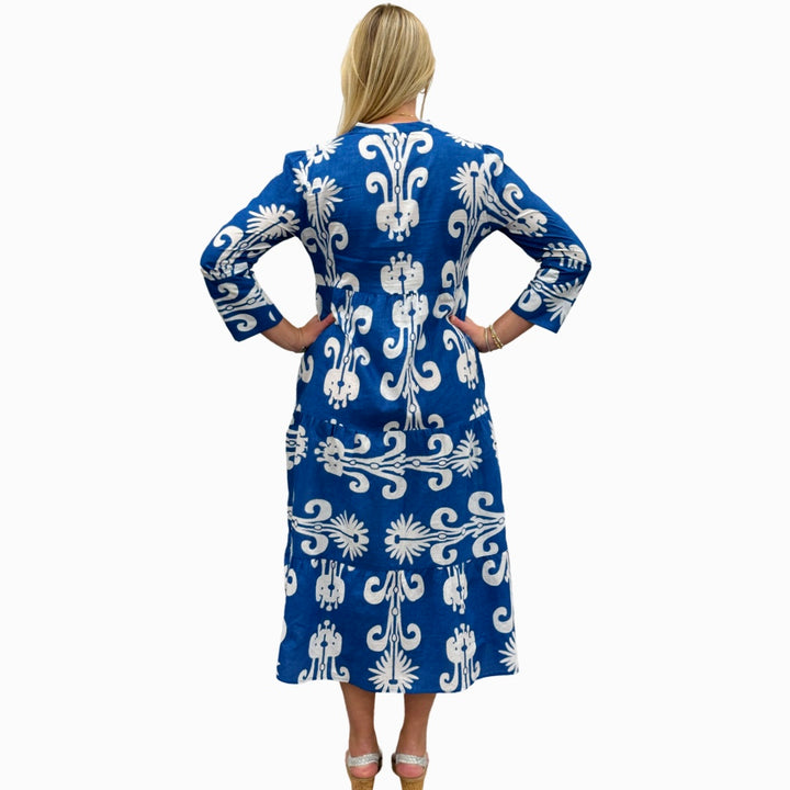 The Addison Dress in Blue White With Self Covered Button Placket — view 6