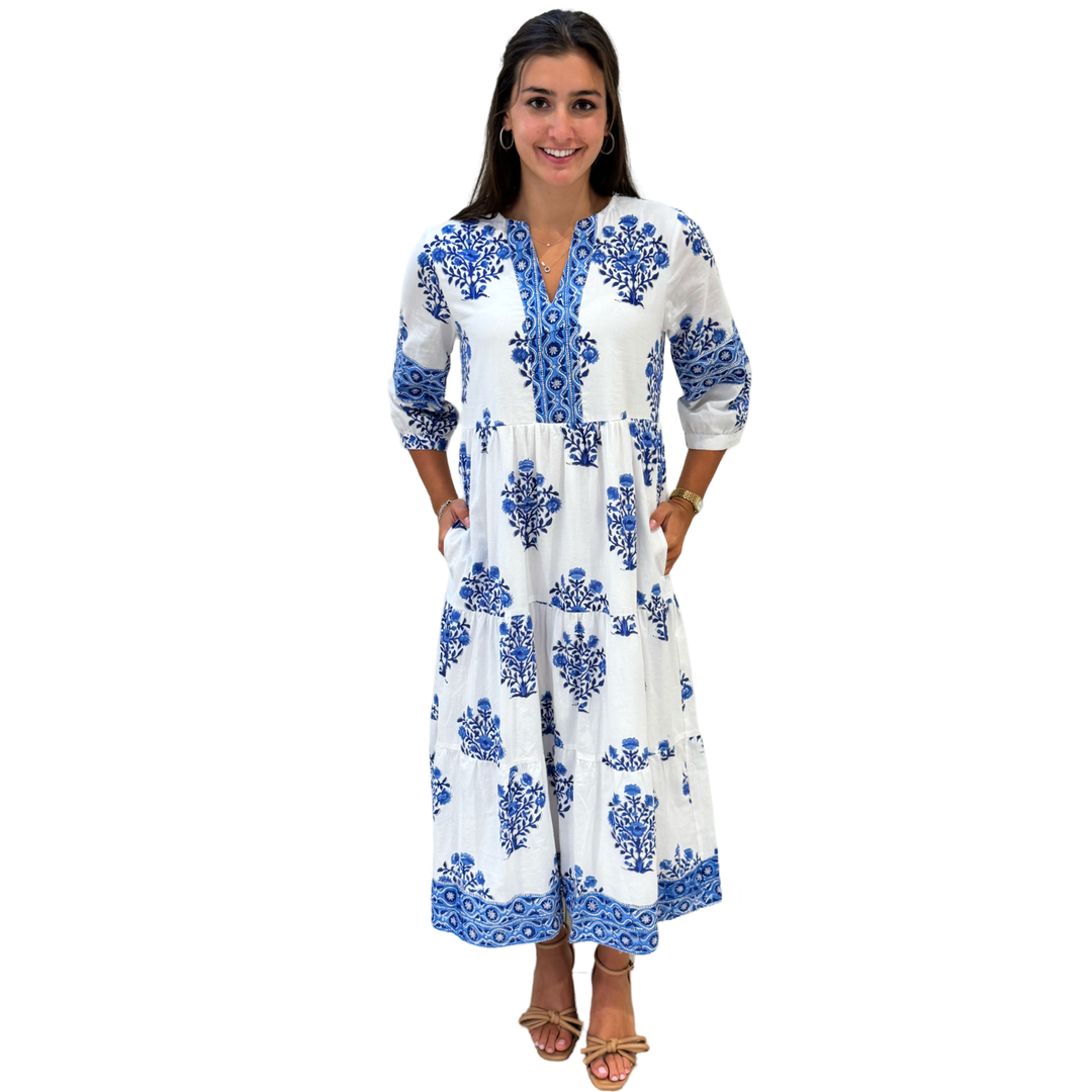 The Evie Long Dress in Blue and White Border Trimmed Floral Hand-Block Printed Cotton — view 3