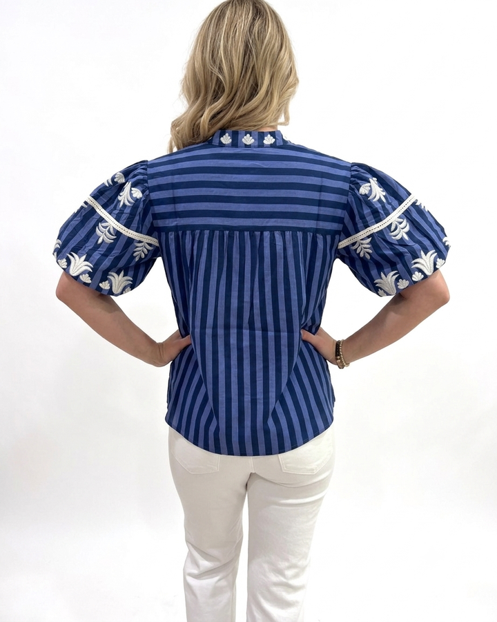 The Kelly Embroidered Cotton Top in Blue Stripe — view 3