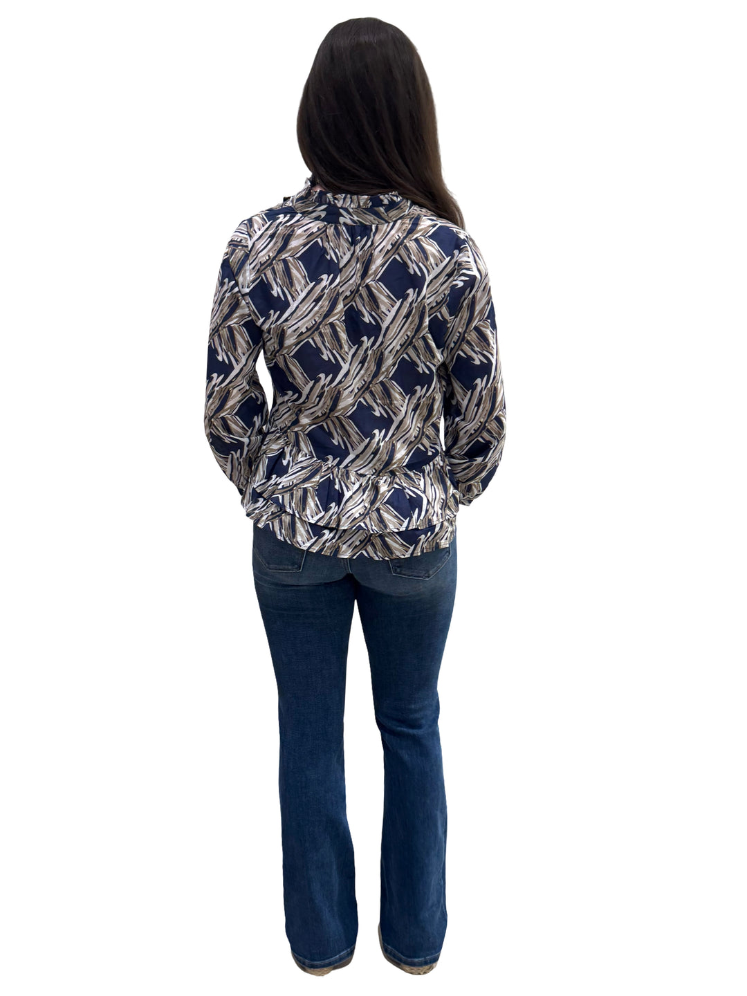 The Bella Ruffle Trim Top in Navy and Beige Splash Print — view 5