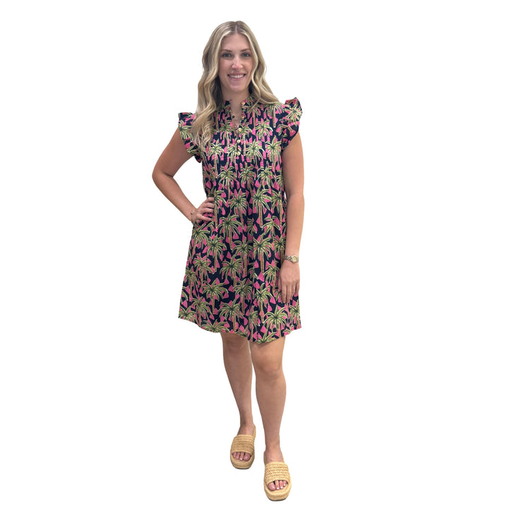 The Maggie Flutter Sleeve Dress in Pink Navy Palm Print