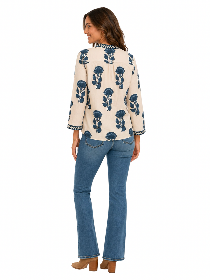 The Kelsea Embroidered Trim Top in Navy White Lotus Floral Print