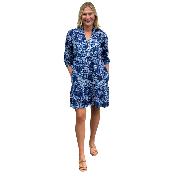 The Preston Cotton Side Pocket Dress in Multi Blue Floral