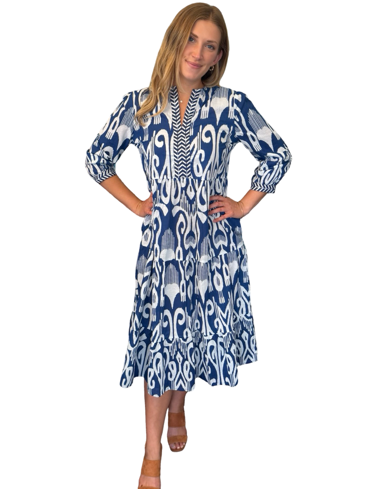 The Daniella Embroidered Trim Dress in Royal Blue Ikat
