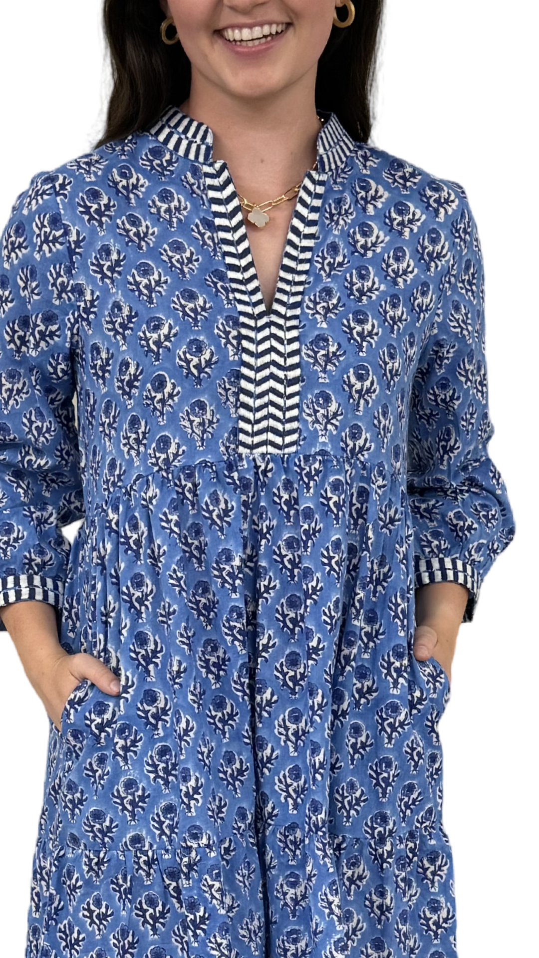 The Naomi Hand Block Printed Cotton Embroidered Dress in Brilliant Blue and White Floral — view 5