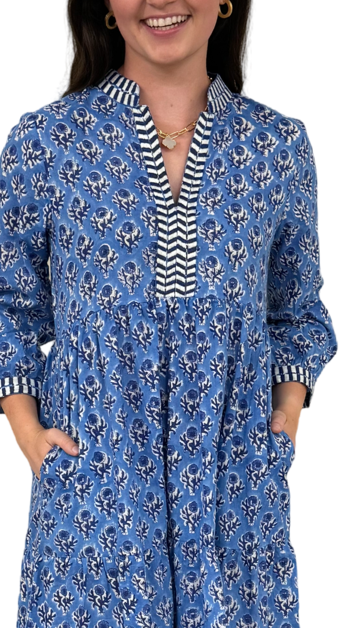 The Naomi Hand Block Printed Cotton Embroidered Dress in Brilliant Blue and White Floral — view 5