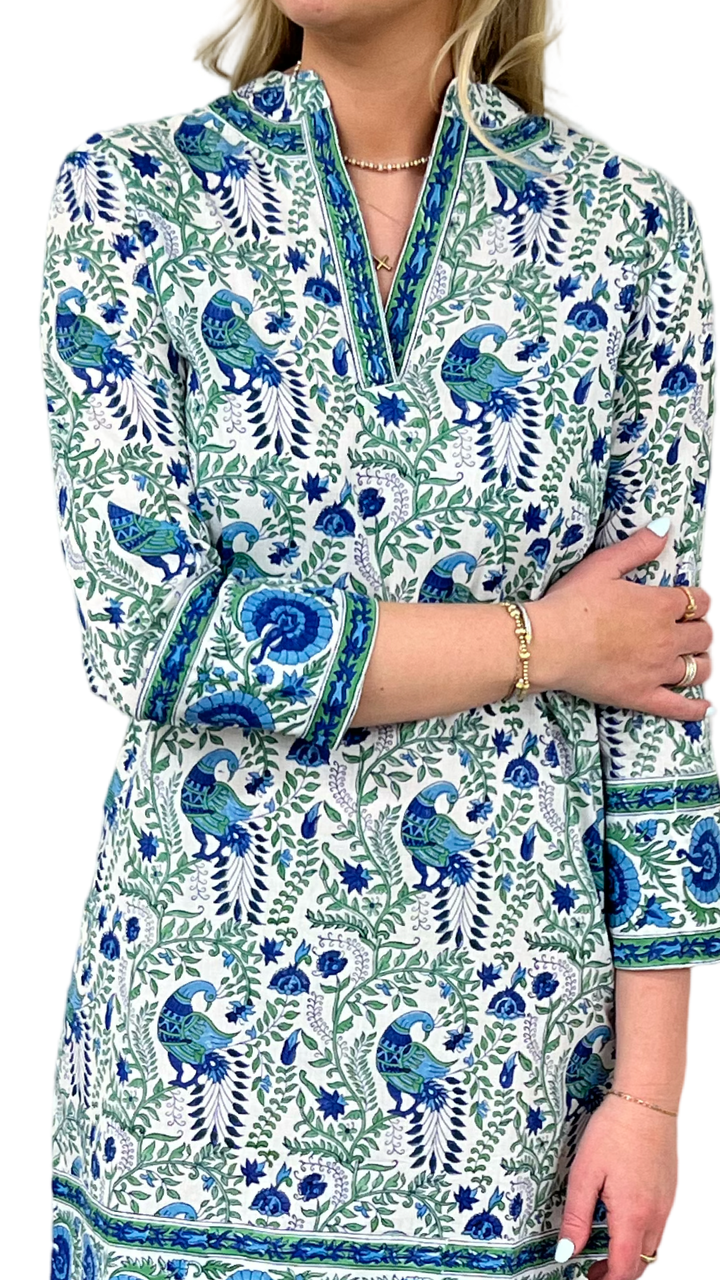 The Brie Cotton Block Print Dress in Green and Blue Floral Bird Print — view 4