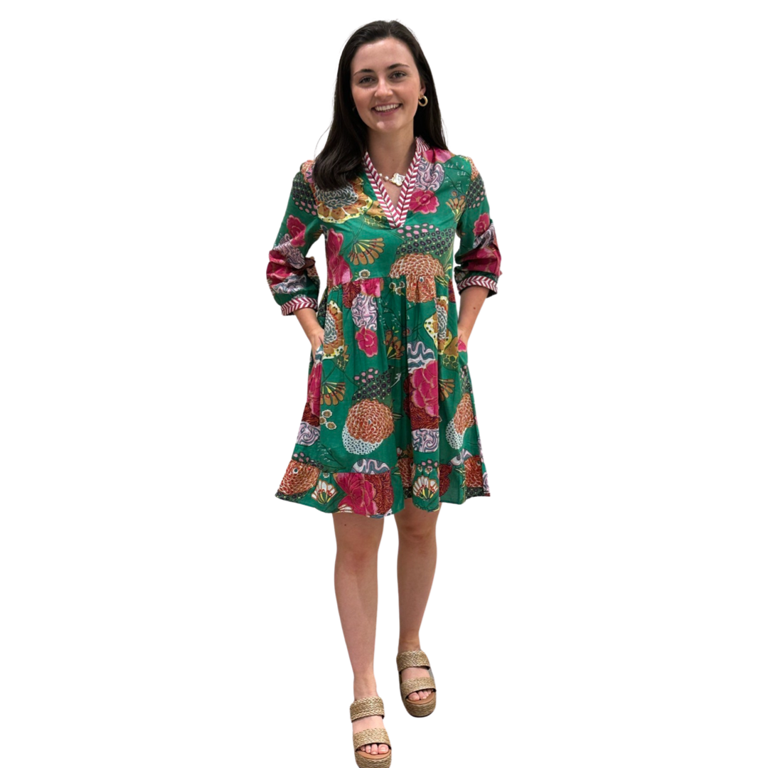 The Morley Cotton Hand Block Printed Embroidered Trim Dress in Jade