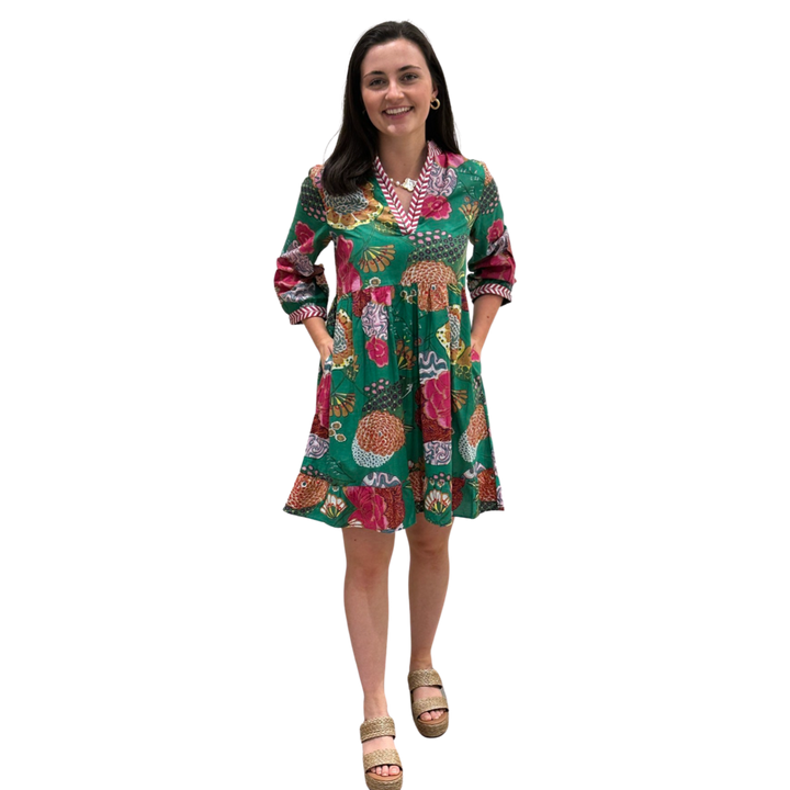 The Morley Cotton Hand Block Printed Embroidered Trim Dress in Jade