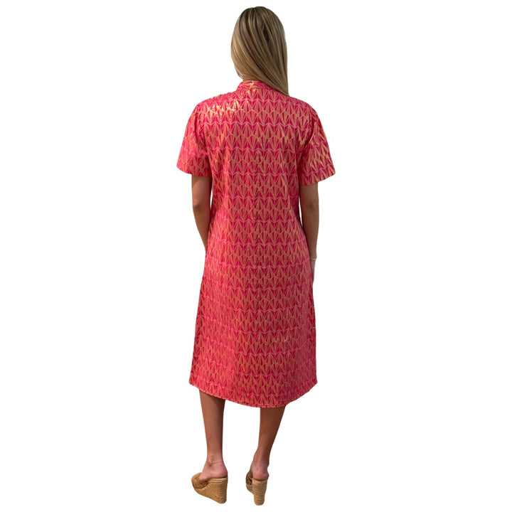 The Tabitha Button Front Dress in Pink and Gold Jacquard — view 5