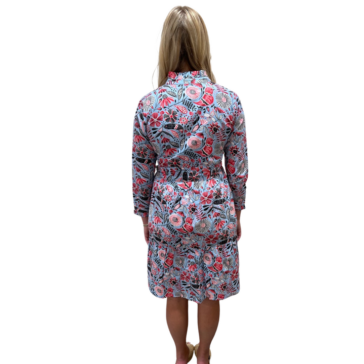 The Hampton Dress in Soft Blue Floral Bird Print — view 5