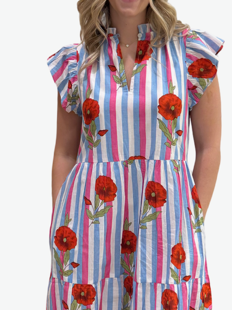 The Tinley Cotton Hand Block Printed Striped Dress in Pink Blue Floral — view 4