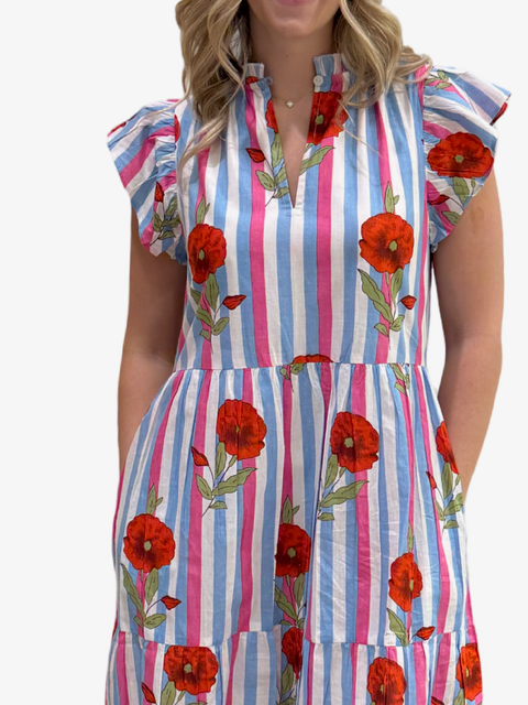 The Tinley Cotton Hand Block Printed Striped Dress in Pink Blue Floral — view 4