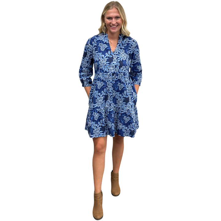 The Preston Cotton Side Pocket Dress in Multi Blue Floral — view 3