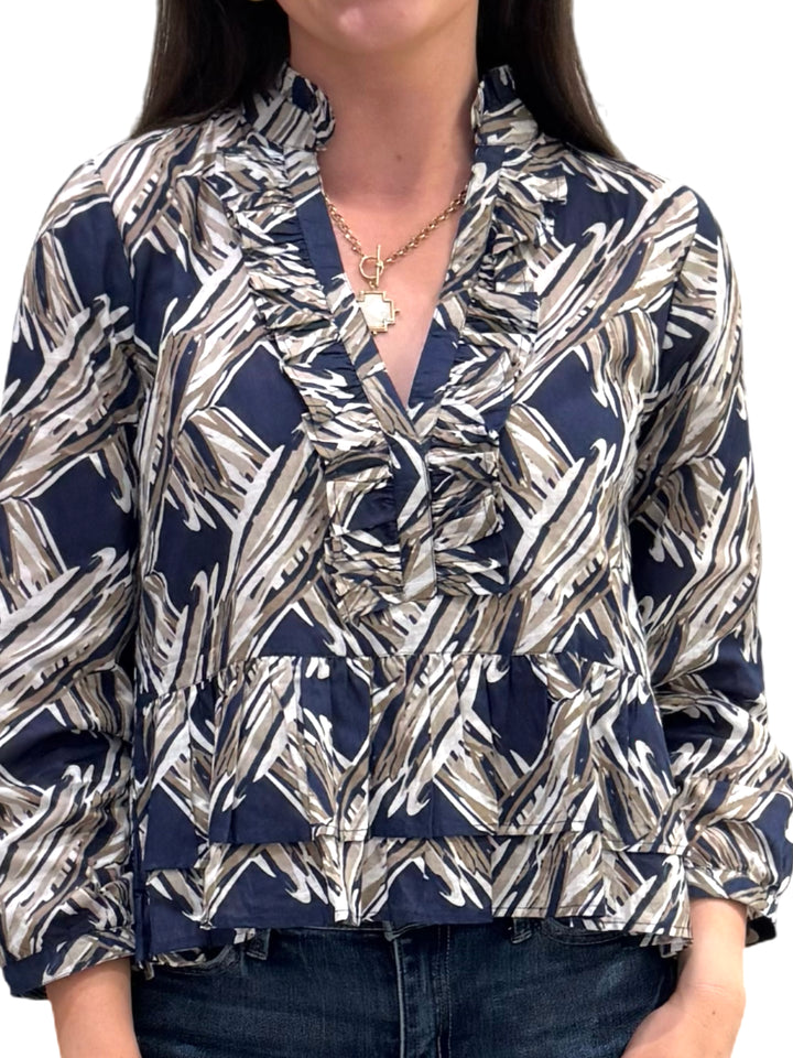 The Bella Ruffle Trim Top in Navy and Beige Splash Print — view 6