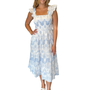 The Cloey Smocked Midi Length Dress in Blue Palm Print