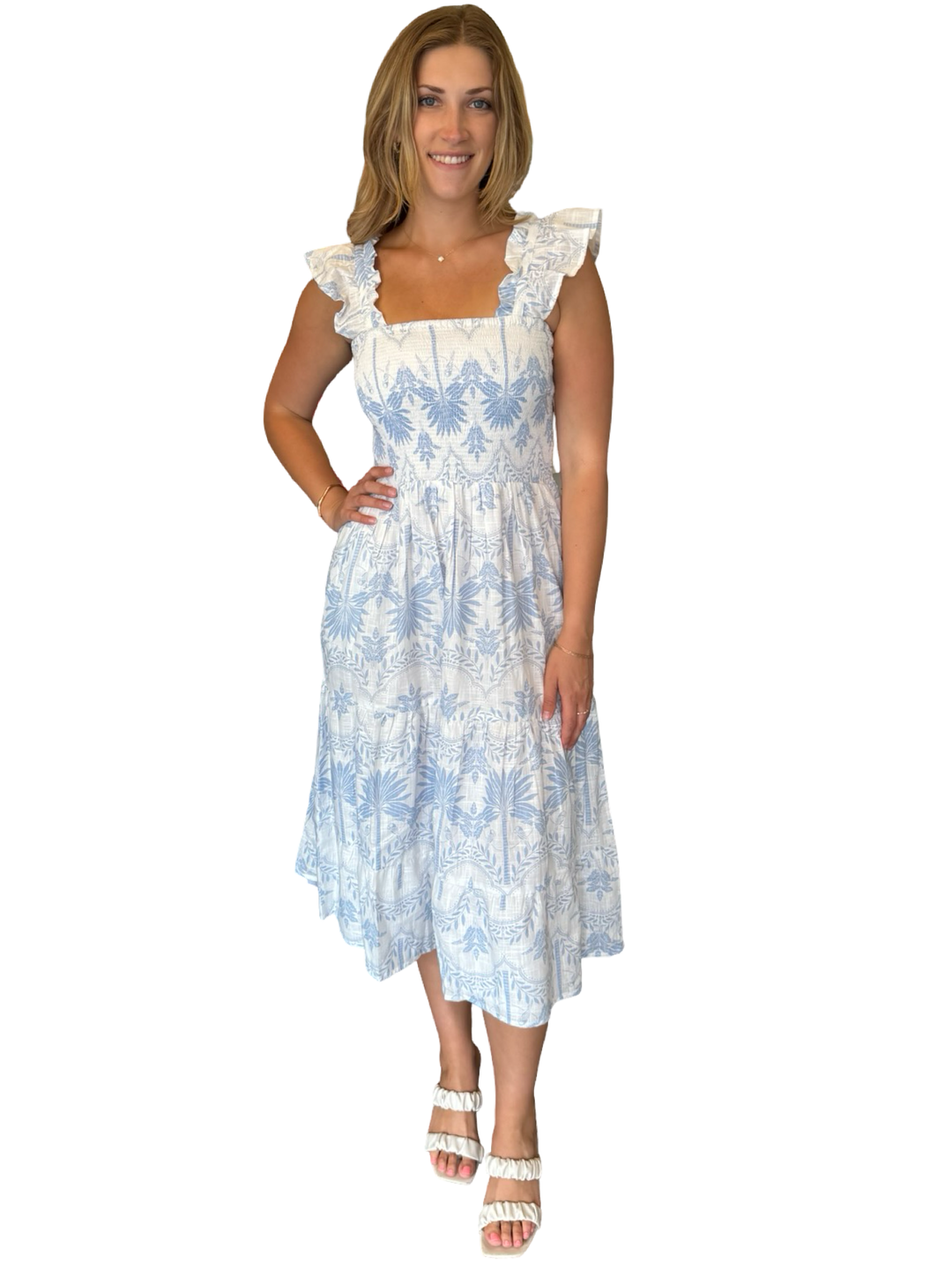 The Cloey Smocked Midi Length Dress in Blue Palm Print