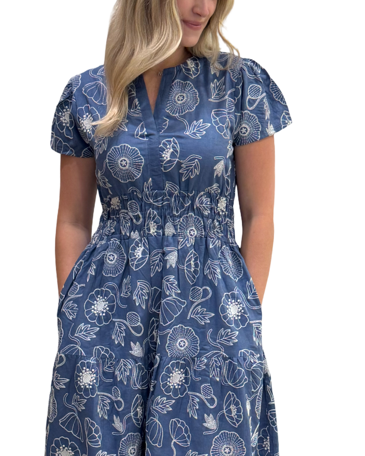 The Sydney Embroidered Cinch Waist Dress in Blue White — view 6