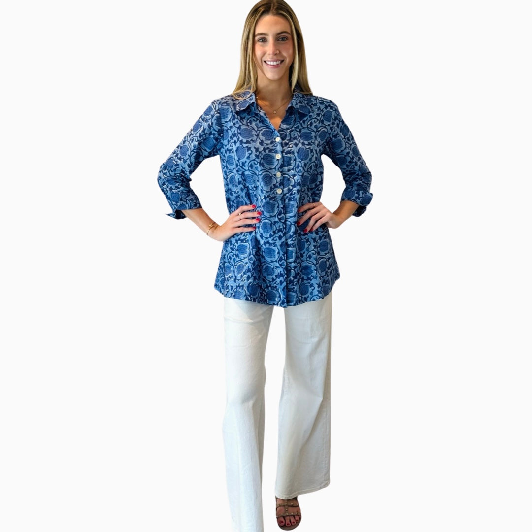 The Mason Button Back Cotton Block Print Top in Periwinkle and Blue — view 5
