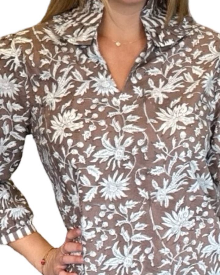 The Laurel Hand Block Printed Top in Chocolate Brown Floral