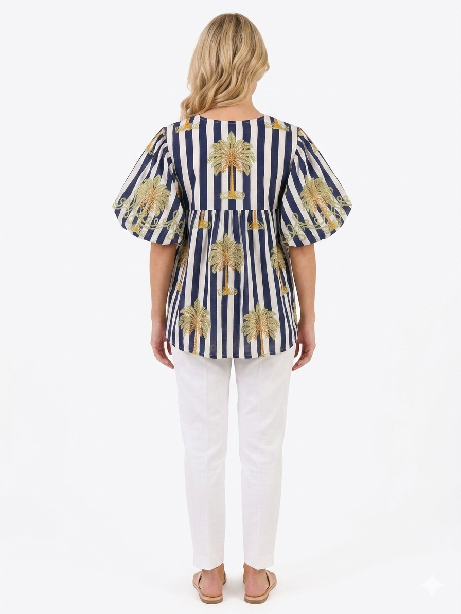 The Poppy Striped Palm Print Top in Navy and White — view 3