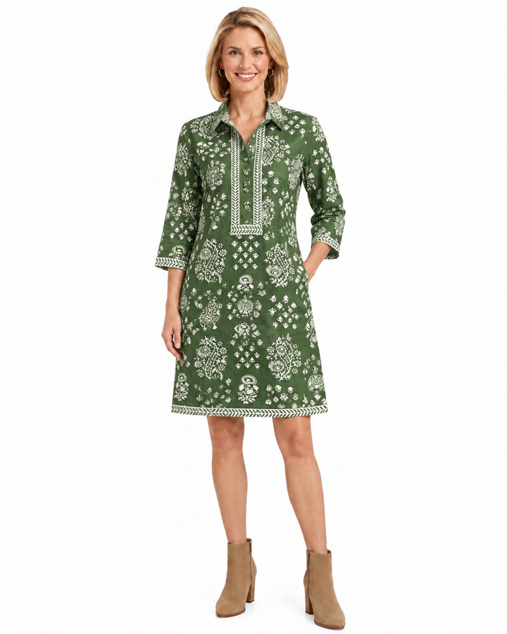 The Annika Button Front Dress in Olive Green and White