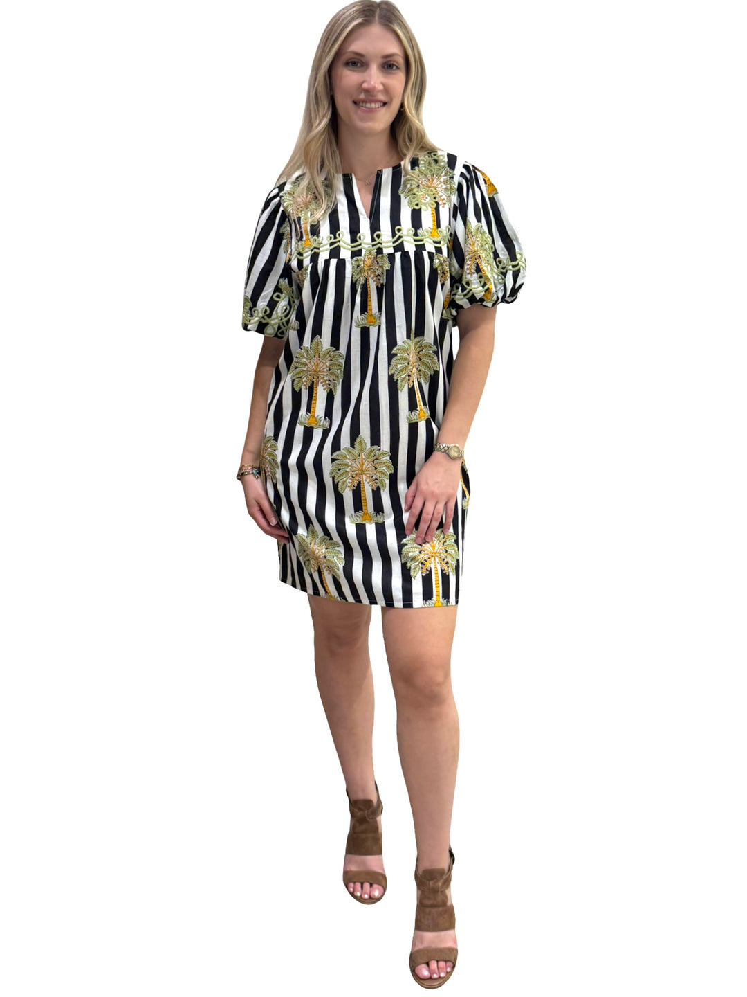 The Poppy Striped Palm Print Dress in Black and White — view 3