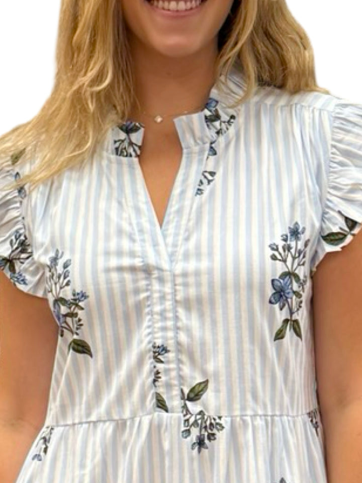 The Campbell Cotton Flutter Sleeve Dress in Light Blue Striped Floral — view 2