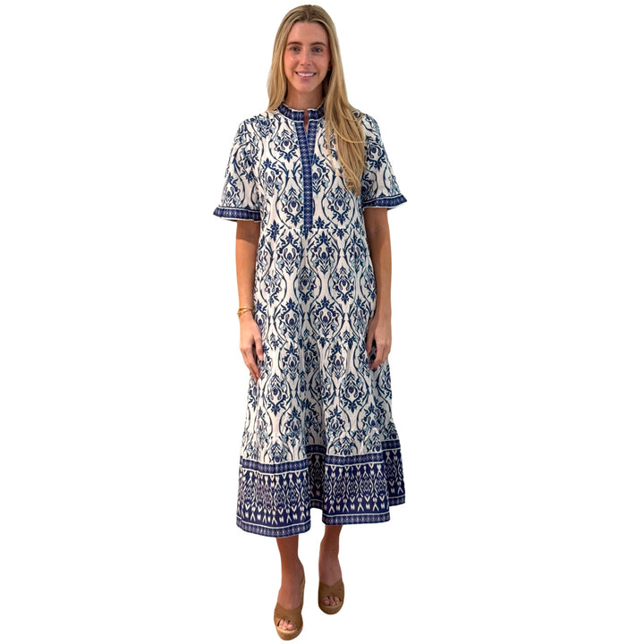 The Campbell Short Sleeve Long Hand Blocked Floral Border Print Dress in Blue and White — view 6