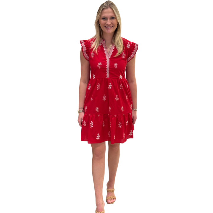 The Embroidered Campbell Flutter Sleeve in Red and White — view 2