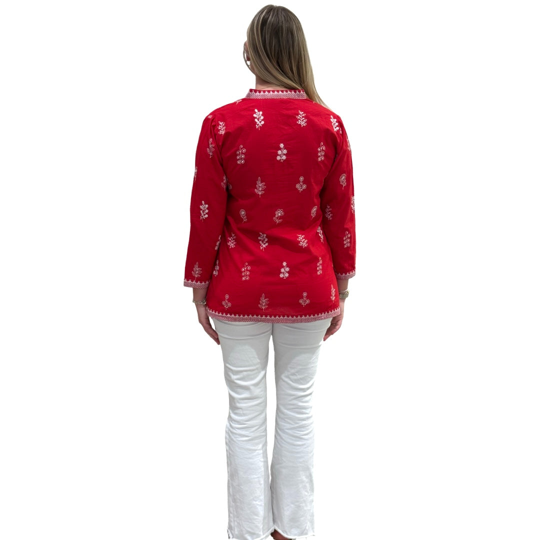The Brie Embroidered Cotton Tunic in Red and White — view 9