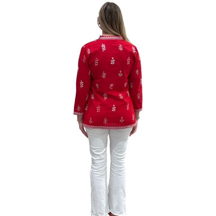 The Brie Embroidered Cotton Tunic in Red and White — view 9