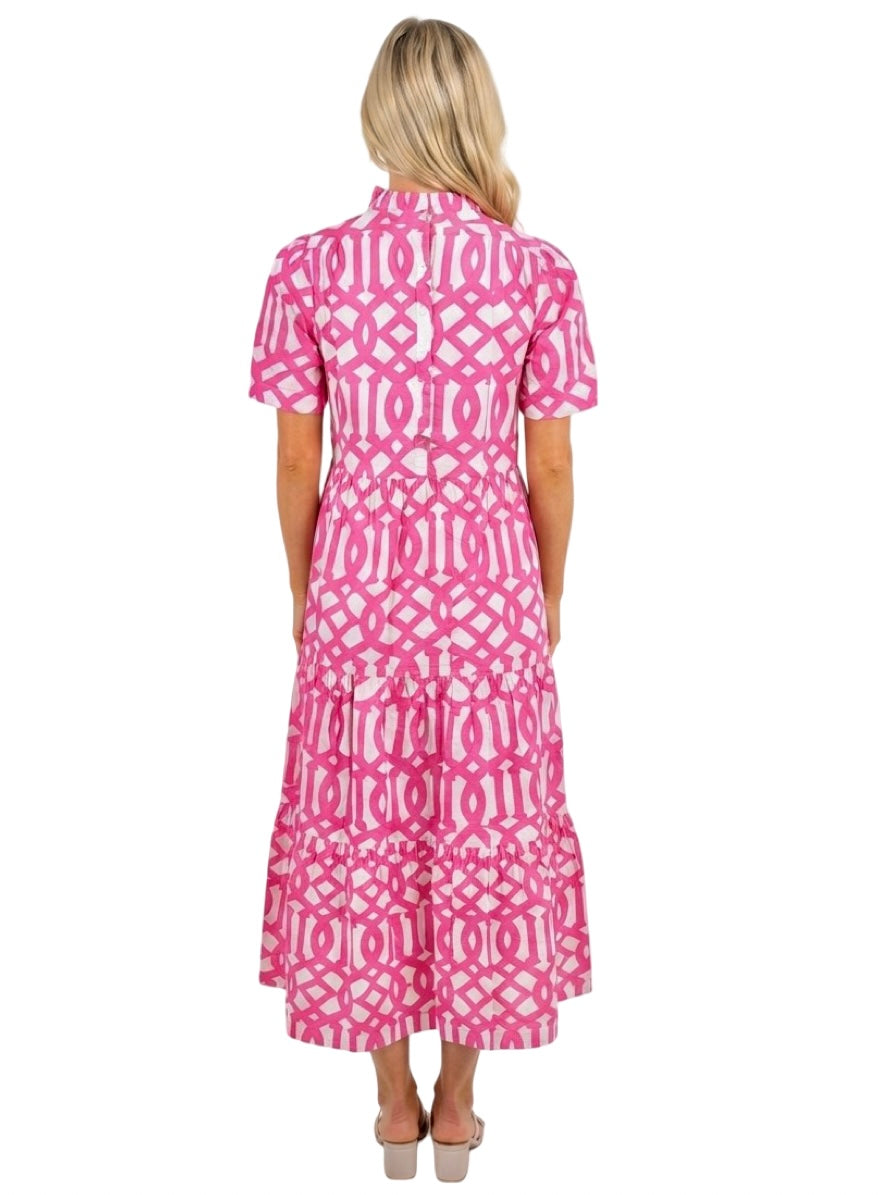 The Campbell Short Sleeve Dress in Pink Trellis Cotton