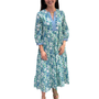 The Daniella Emboidered Trim Dress in Aqua Blue Hand Block Printed Floral