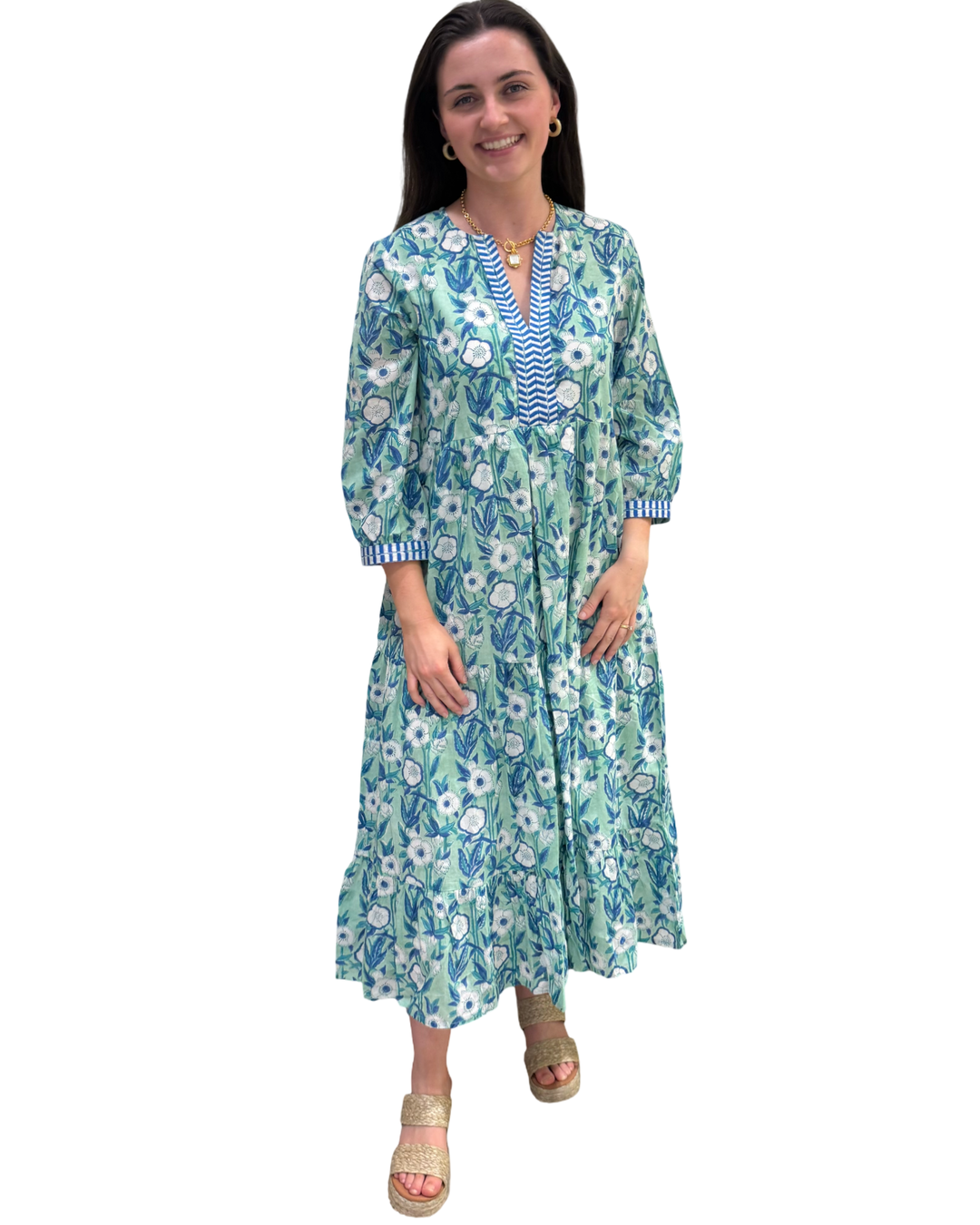 The Daniella Emboidered Trim Dress in Aqua Blue Hand Block Printed Floral