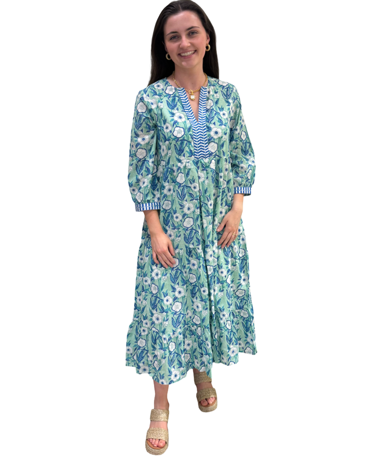 The Daniella Emboidered Trim Dress in Aqua Blue Hand Block Printed Floral