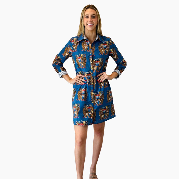 The Cullen Button Front Shirt Dress in Royal blue Twinning Tiger Cotton — view 2