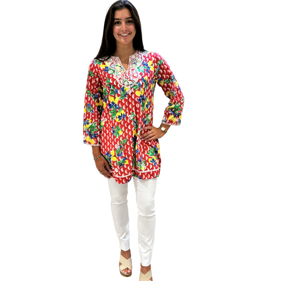 The Key Largo Embroidered Tunic in Red and White Geometric Floral