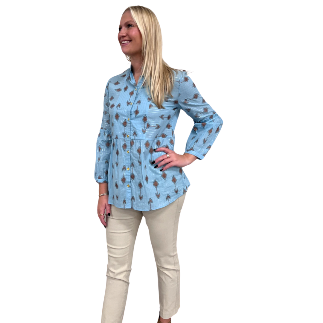 The Carmen Button Front Top in Blue Lurex Cotton — view 3