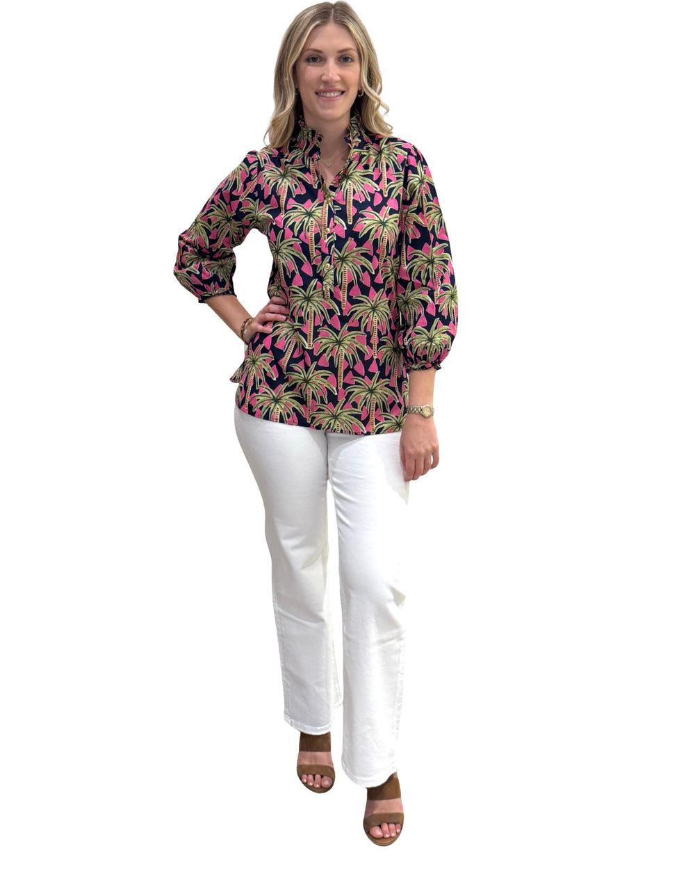 The Tricia Top in Navy Pink Palm Print — view 2