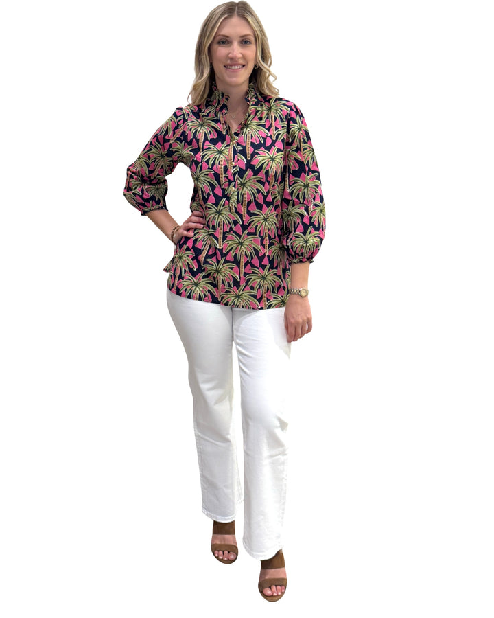 The Tricia Top in Navy Pink Palm Print — view 2