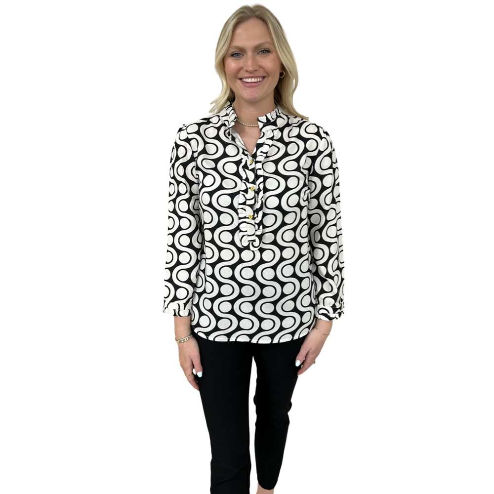 The Carrie Ruffle Trimmed Top in Black and White — view 2
