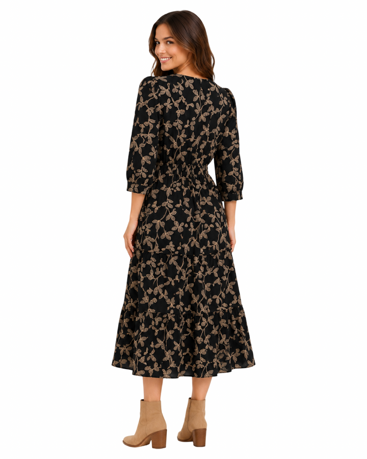 The Sydney Cinch Waist Dress in Black and Beige Cotton
